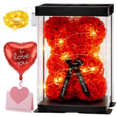 MIŚ Z PŁATKÓW RÓŻ BOX 25cm światełka LED prezent walentynki rocznicę BALON