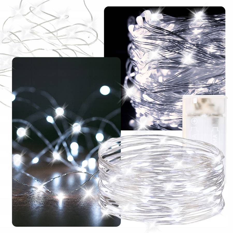 LAMPKI NA BATERIE LED Na druciku ŚWIATEŁKA choinkowe 5M zimny biały