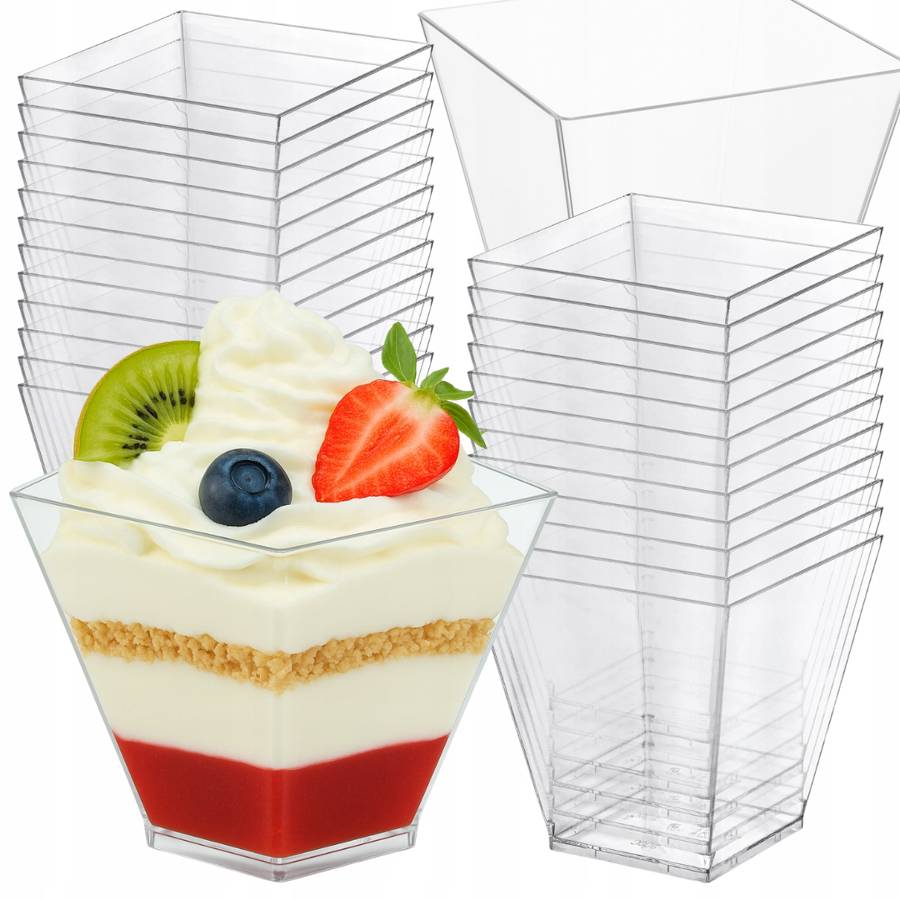 25x PUCHARKI DO DESERÓW DESEROWE LODÓW PLASTIKOWE KWADRATOWE POJEMNIK 200ML